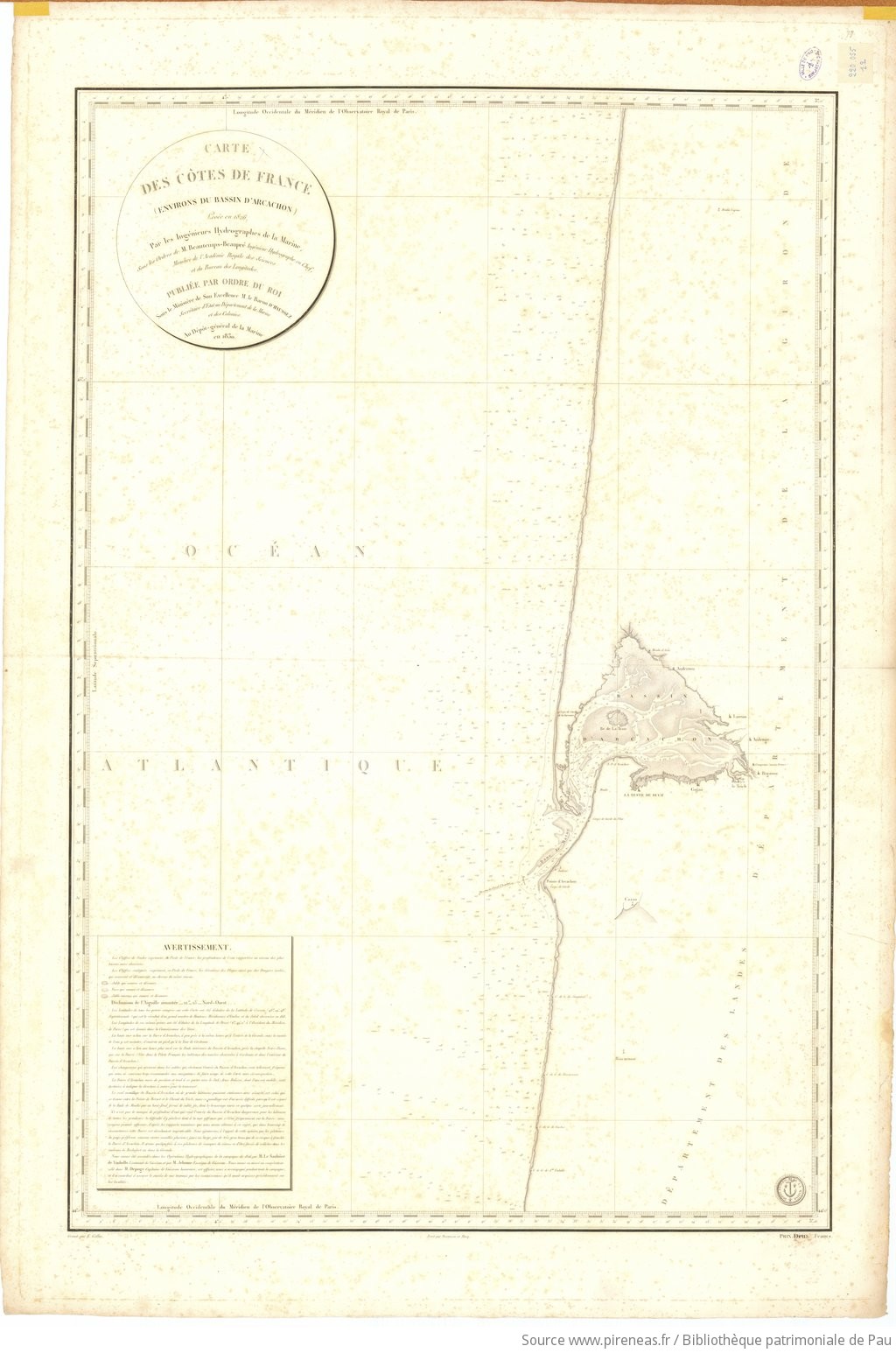 Carte des Côtes de France : Environs du Bassin d'Arcachon / Beautemps-Beaupré, Charles-François (1766-1854)