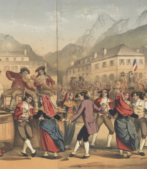  Danse ossaloise (fête du 15 août, à Laruns près des Eaux-Bonnes) / Gorse, Pierre / vers 1840 /  lithographie / Bibliothèque Patrimoniale / cote 240750