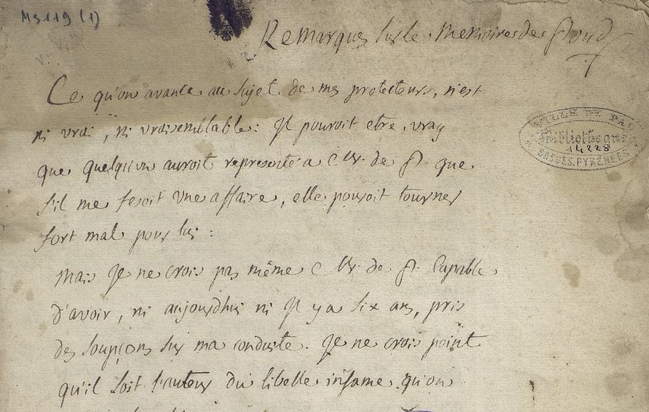  Remarques sur le mémoire de Poudenas / Bordeu, Théophile de (1722-1776)